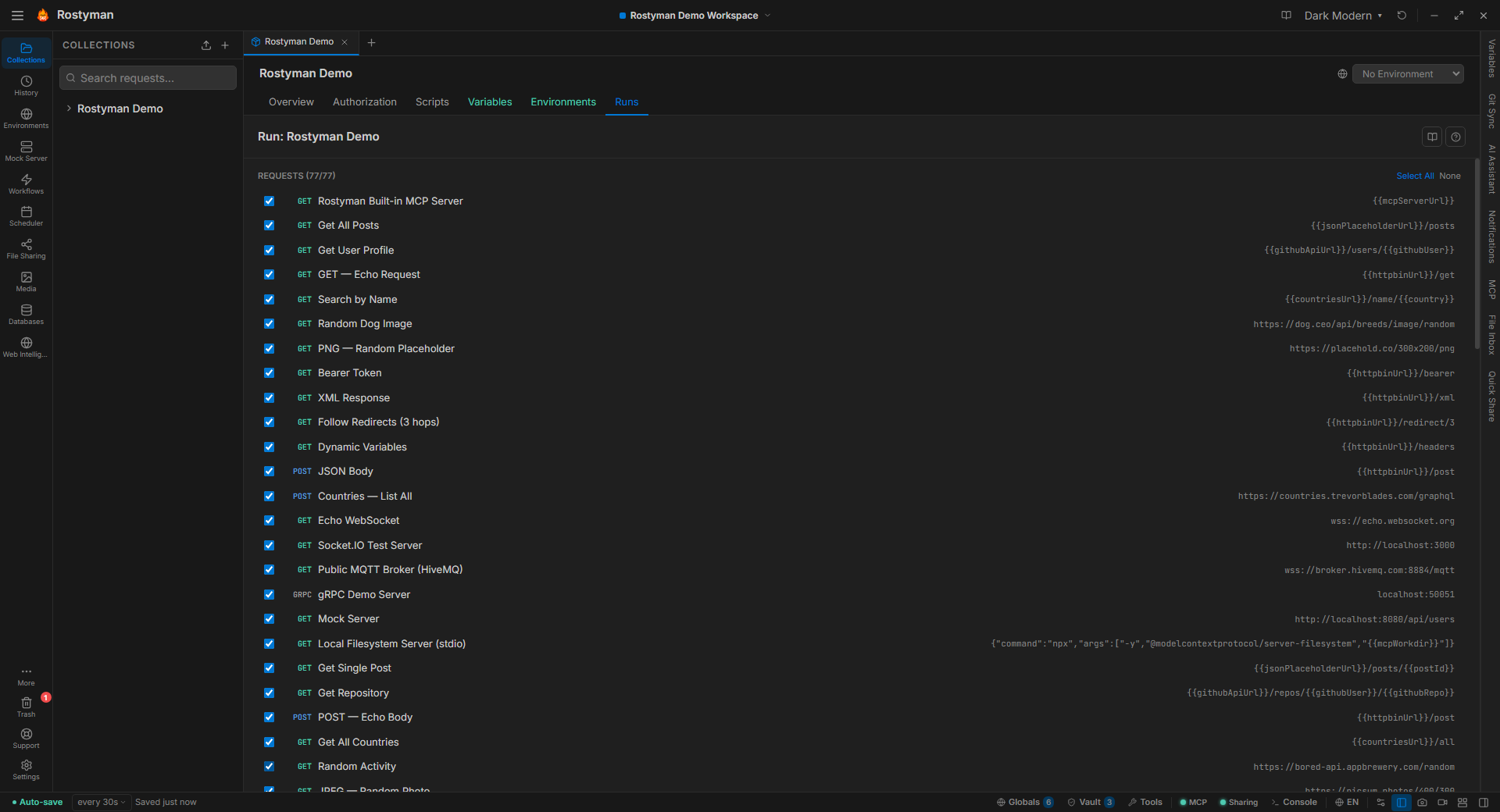 Rostyman collection runner showing per-request pass/fail results, iteration count, and export options