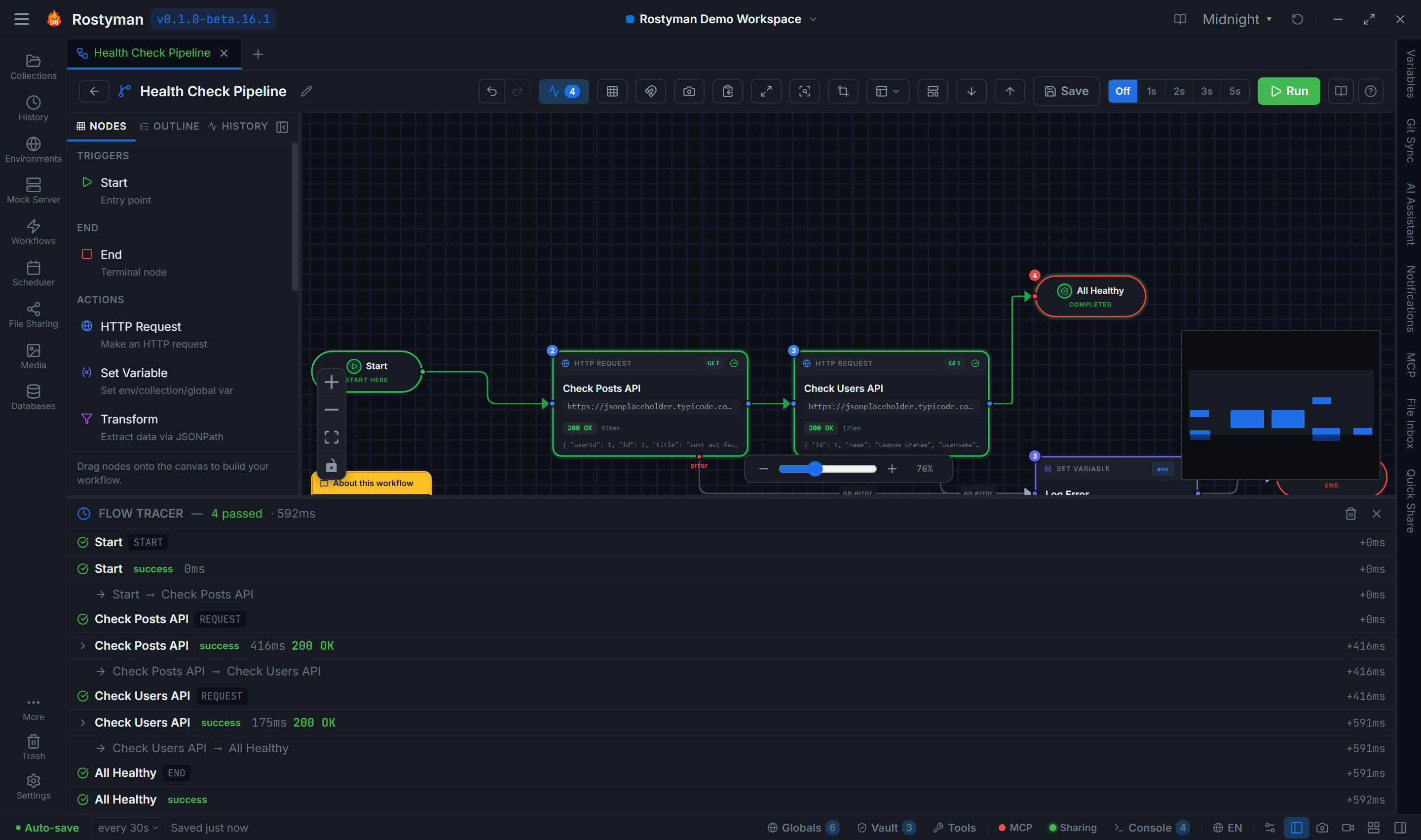 Rostyman Flow Tracer panel showing a past workflow run replayed step-by-step with per-node status icons and inputs / outputs