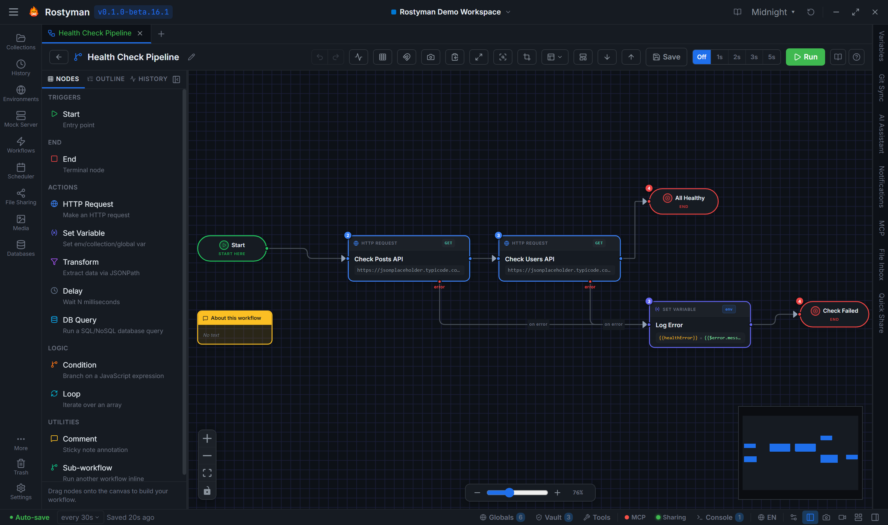 Rostyman workflow editor with visual nodes, conditions, and run controls